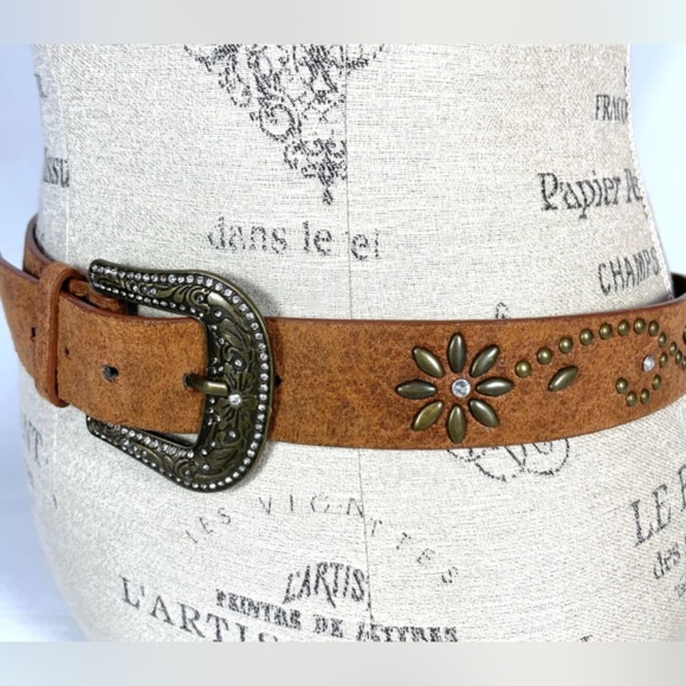 Western‎ Studded Rhinestone Belt Brown Faux Leather Womens S/M 42" - Picture 2 of 5